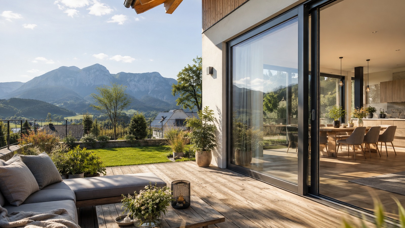 Helle Terrasse einer gepflegten Wohnung mit weitem Blick in die Landschaft
